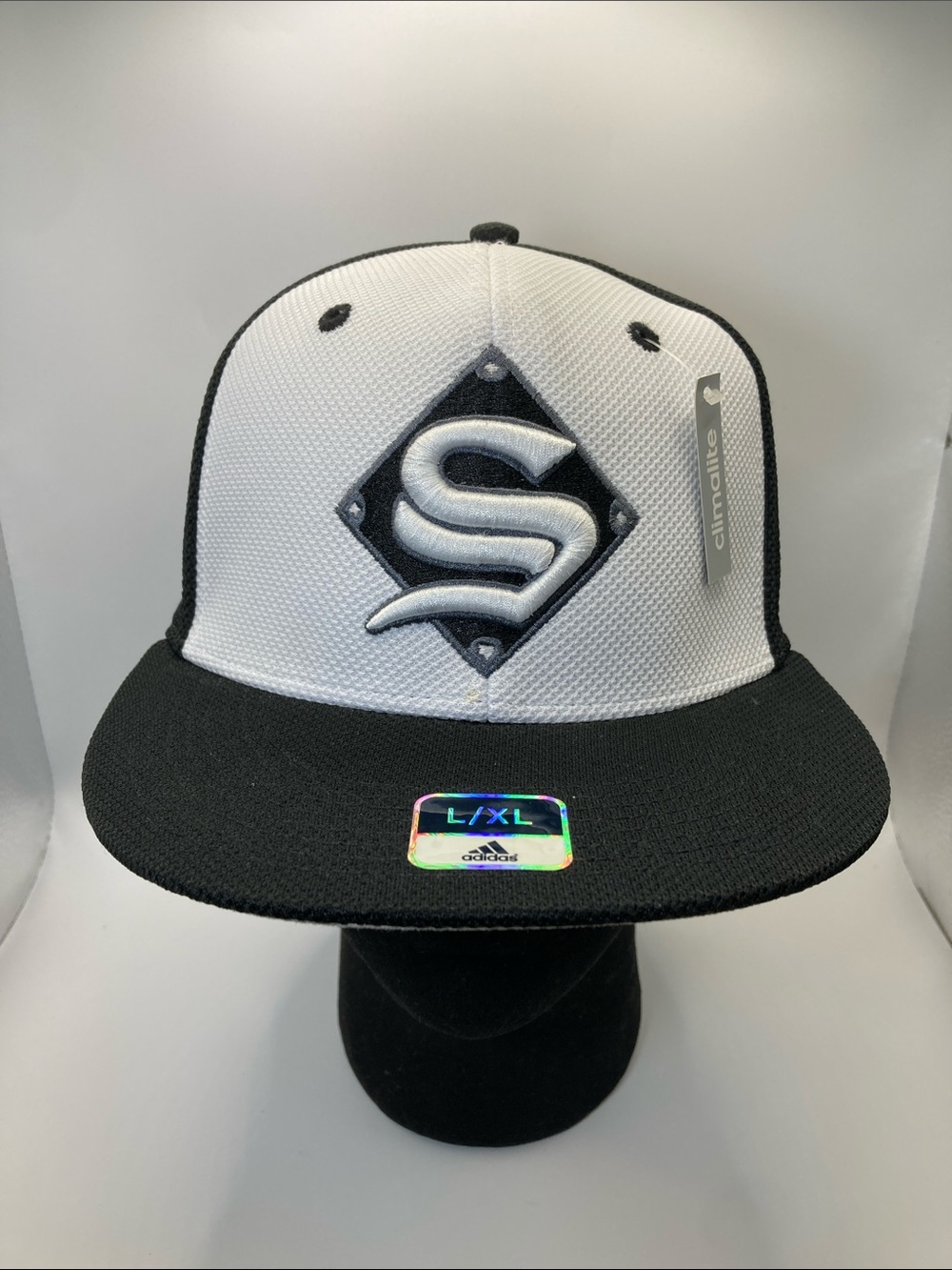 Adidas Climalite High Crown Hat Flat Brim L/XL Black White Baseball Cap NWT